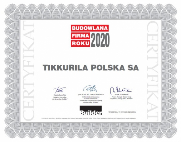 Tikkurila z tytułem „Budowlanej Firmy Roku 2020”